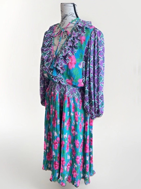 Diane Freis Dresses & Skirts - Vintage 80s Diane Freis Floral Pleated Maxi Dress Balloon Sleeve Boho Dress